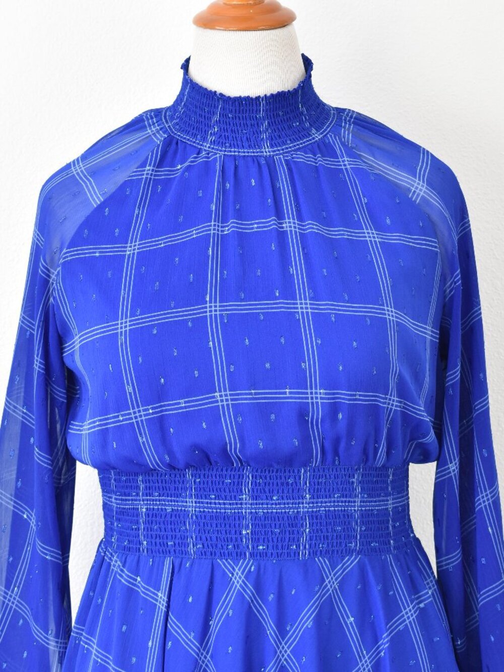 Calvin Klein Plaid Chiffon Mock Neck Smocked Detail Dress - 12 - Picture 8 of 13
